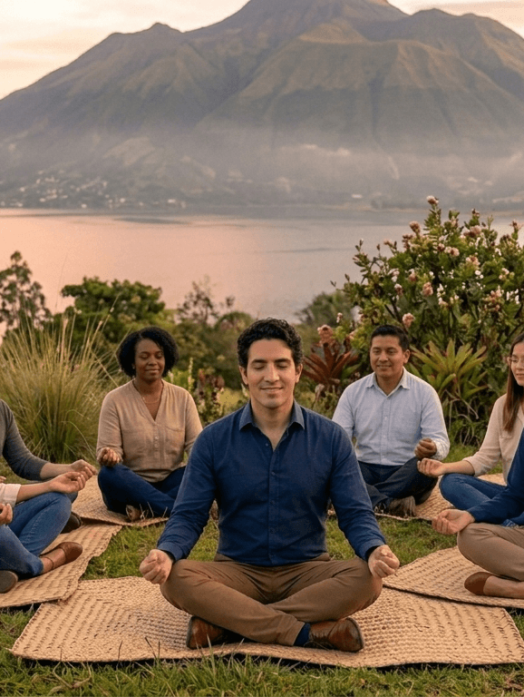 Grupo meditando al aire libre frente al lago en el Retiro de Inmersión